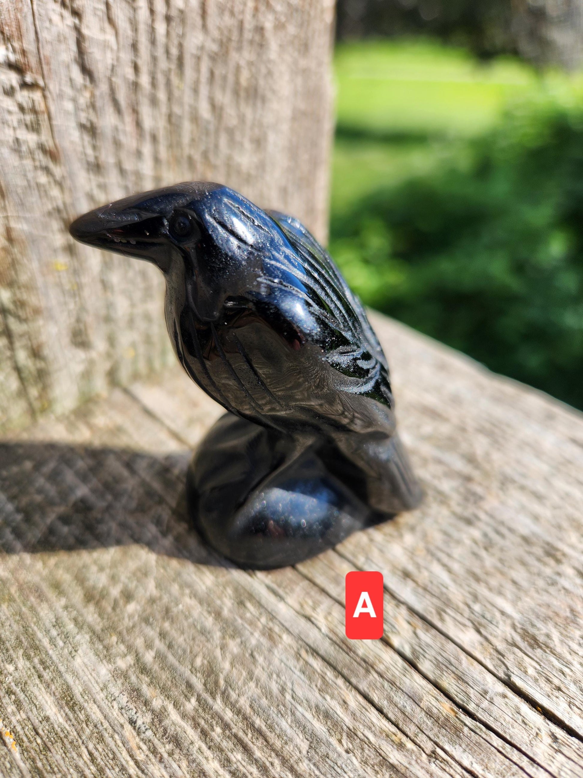 Carved Obsidian Crow Raven: Natural Crystal Figurine, One, Black Obsidian or Silver Sheen