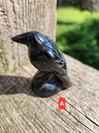 Carved Obsidian Crow Raven: Natural Crystal Figurine, One, Black Obsidian or Silver Sheen
