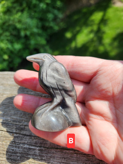 Carved Obsidian Crow Raven: Natural Crystal Figurine, One, Black Obsidian or Silver Sheen