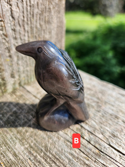 Carved Obsidian Crow Raven: Natural Crystal Figurine, One, Black Obsidian or Silver Sheen