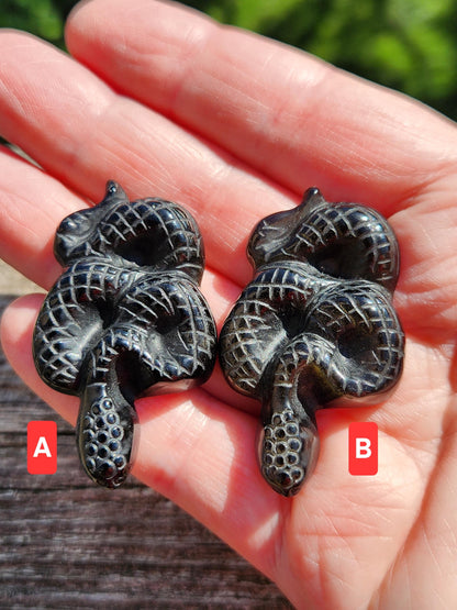 Carved Obsidian Snake: Black or Silver Sheen Crystal Carving, One