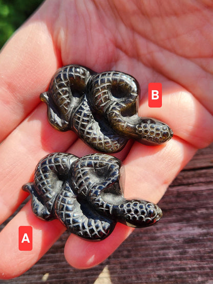 Carved Obsidian Snake: Black or Silver Sheen Crystal Carving, One