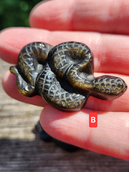 Carved Obsidian Snake: Black or Silver Sheen Crystal Carving, One