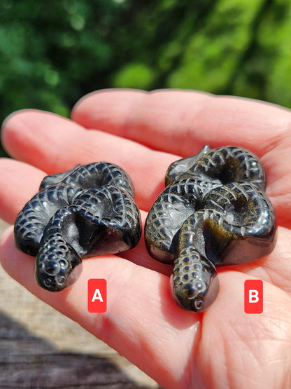 Carved Obsidian Snake: Black or Silver Sheen Crystal Carving, One