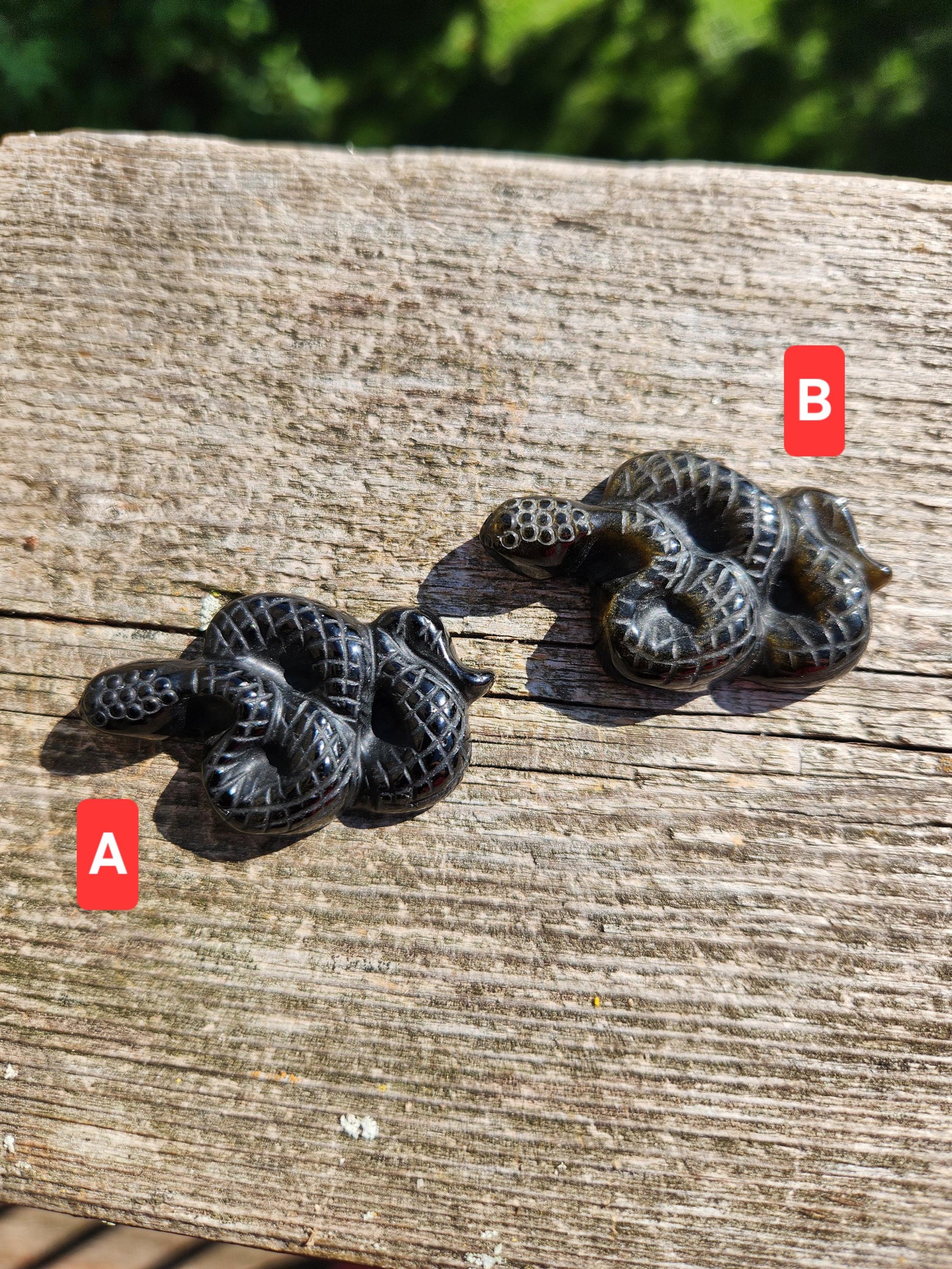 Carved Obsidian Snake: Black or Silver Sheen Crystal Carving, One