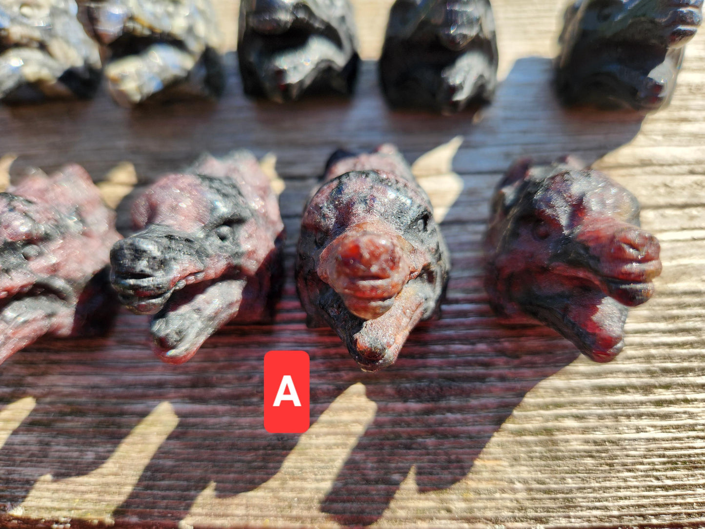Mini Carved Wolf Head Crystal: Garnet, Que Sera, Obsidian, One