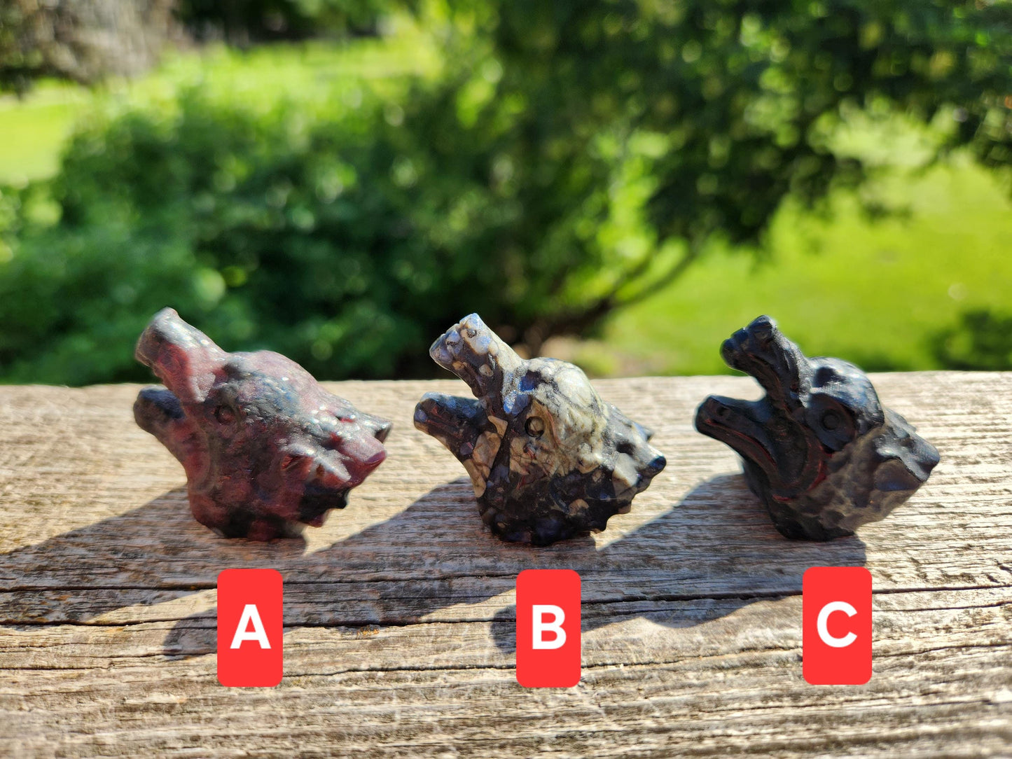 Mini Carved Wolf Head Crystal: Garnet, Que Sera, Obsidian, One