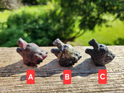 Mini Carved Wolf Head Crystal: Garnet, Que Sera, Obsidian, One