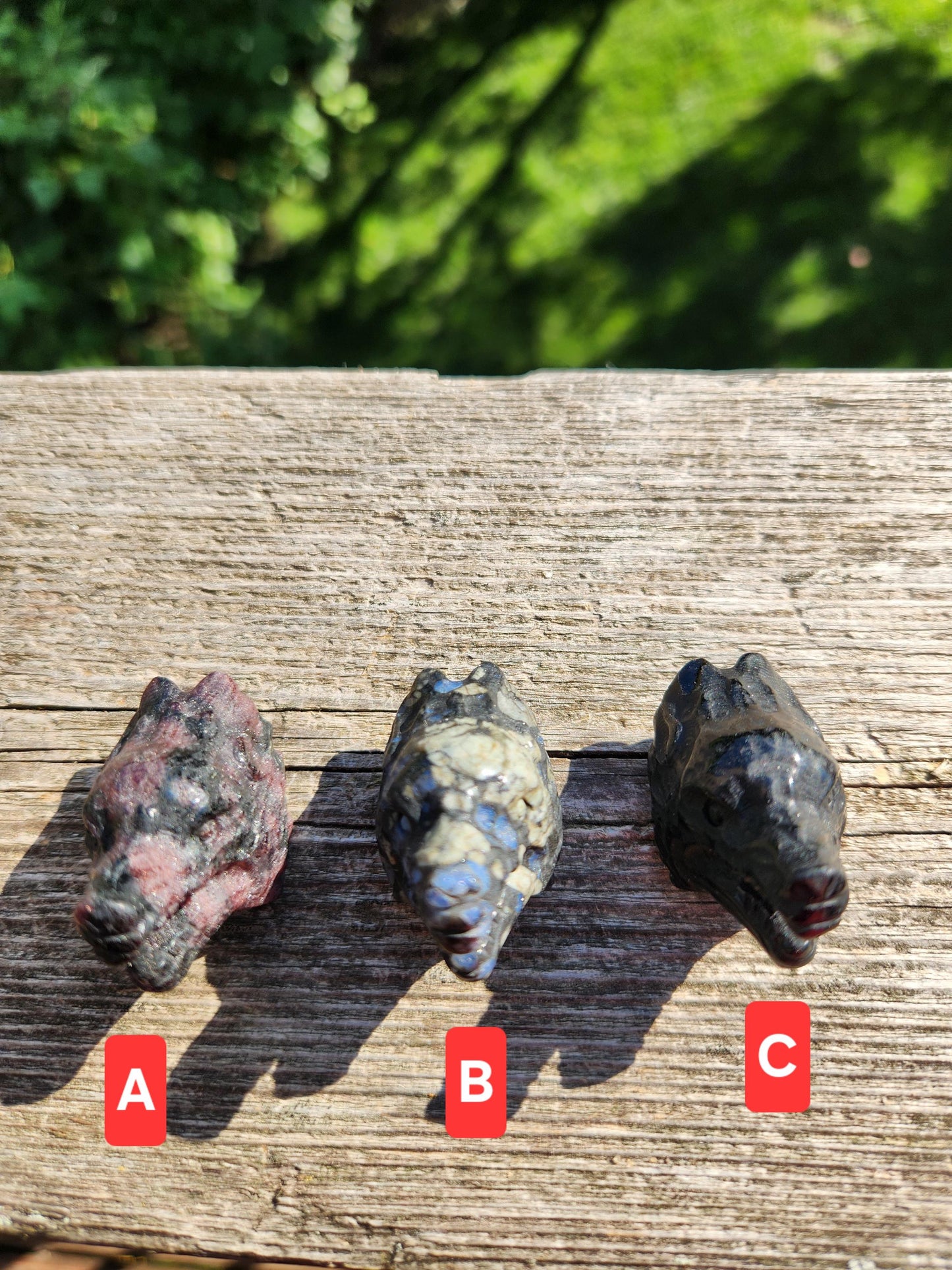 Mini Carved Wolf Head Crystal: Garnet, Que Sera, Obsidian, One