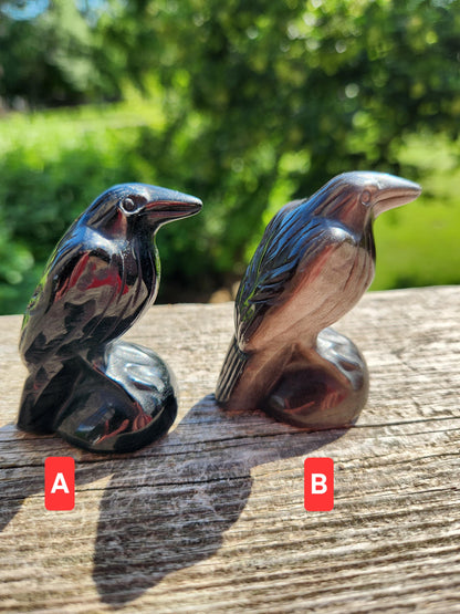Carved Obsidian Crow Raven: Natural Crystal Figurine, One, Black Obsidian or Silver Sheen