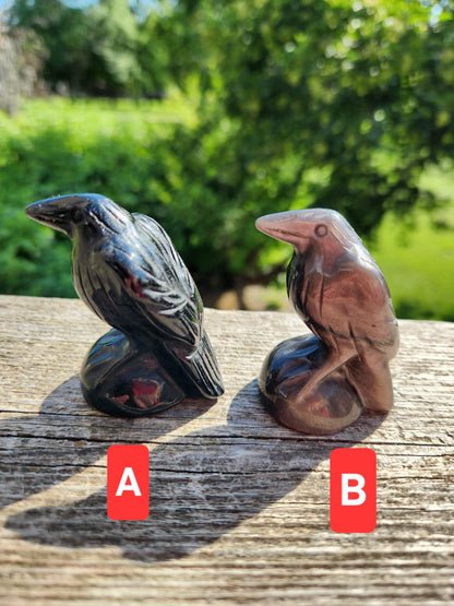 Carved Obsidian Crow Raven: Natural Crystal Figurine, One, Black Obsidian or Silver Sheen