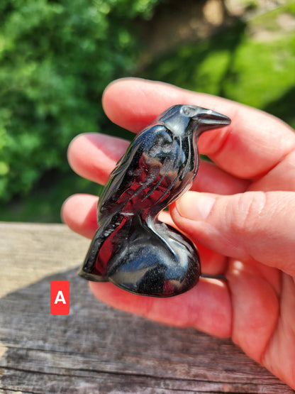 Carved Obsidian Crow Raven: Natural Crystal Figurine, One, Black Obsidian or Silver Sheen