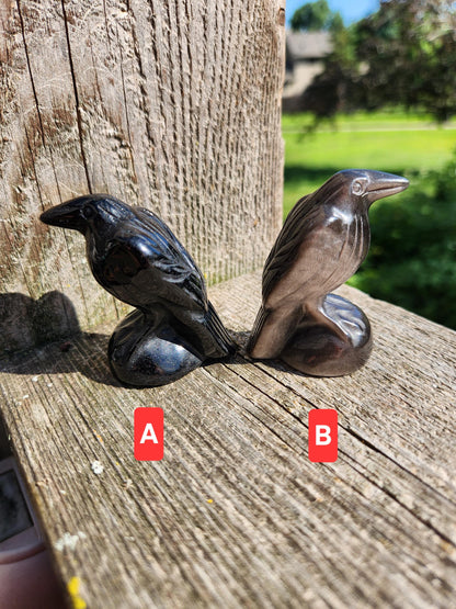 Carved Obsidian Crow Raven: Natural Crystal Figurine, One, Black Obsidian or Silver Sheen