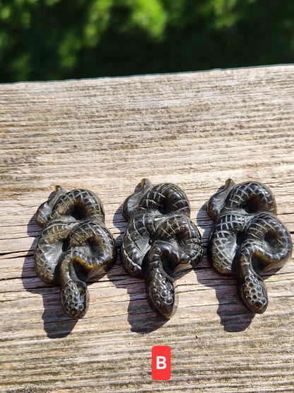 Carved Obsidian Snake: Black or Silver Sheen Crystal Carving, One