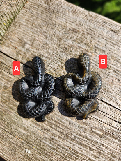 Carved Obsidian Snake: Black or Silver Sheen Crystal Carving, One
