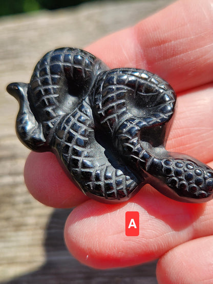 Carved Obsidian Snake: Black or Silver Sheen Crystal Carving, One