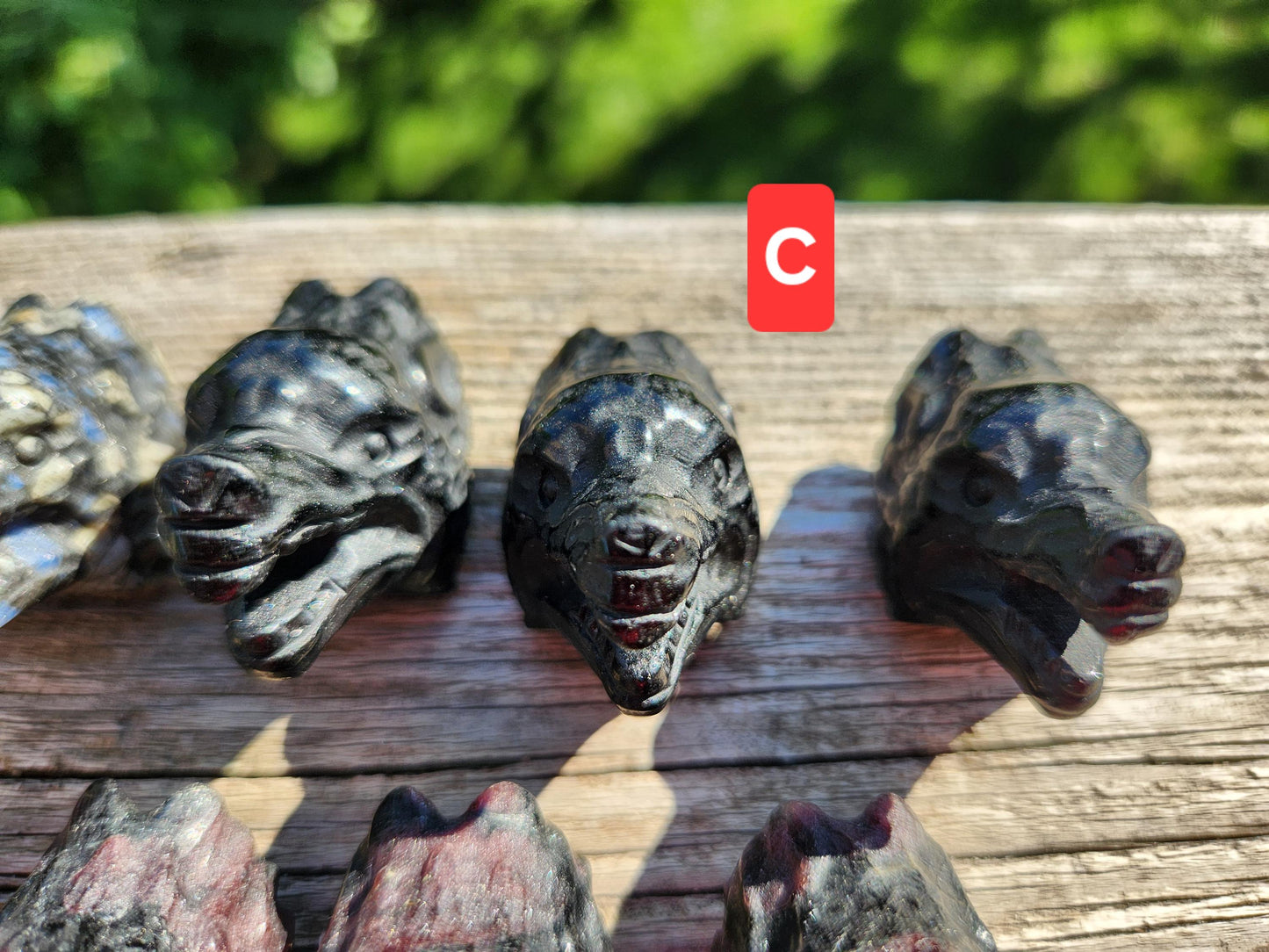 Mini Carved Wolf Head Crystal: Garnet, Que Sera, Obsidian, One