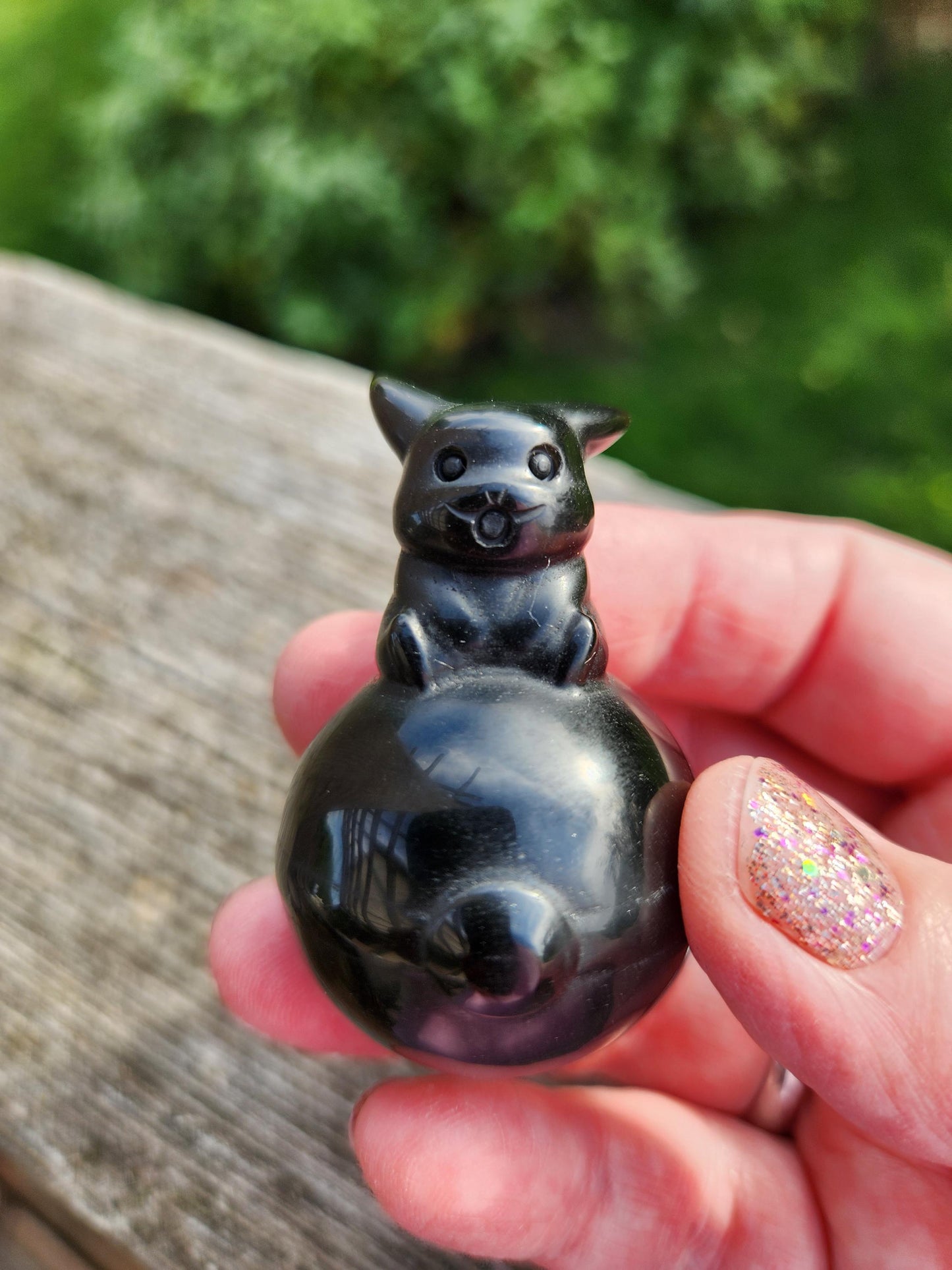 Super Cute Black Obsidian Pikachu On Poke Ball Natural Stone Crystal, Pokémon, Gift