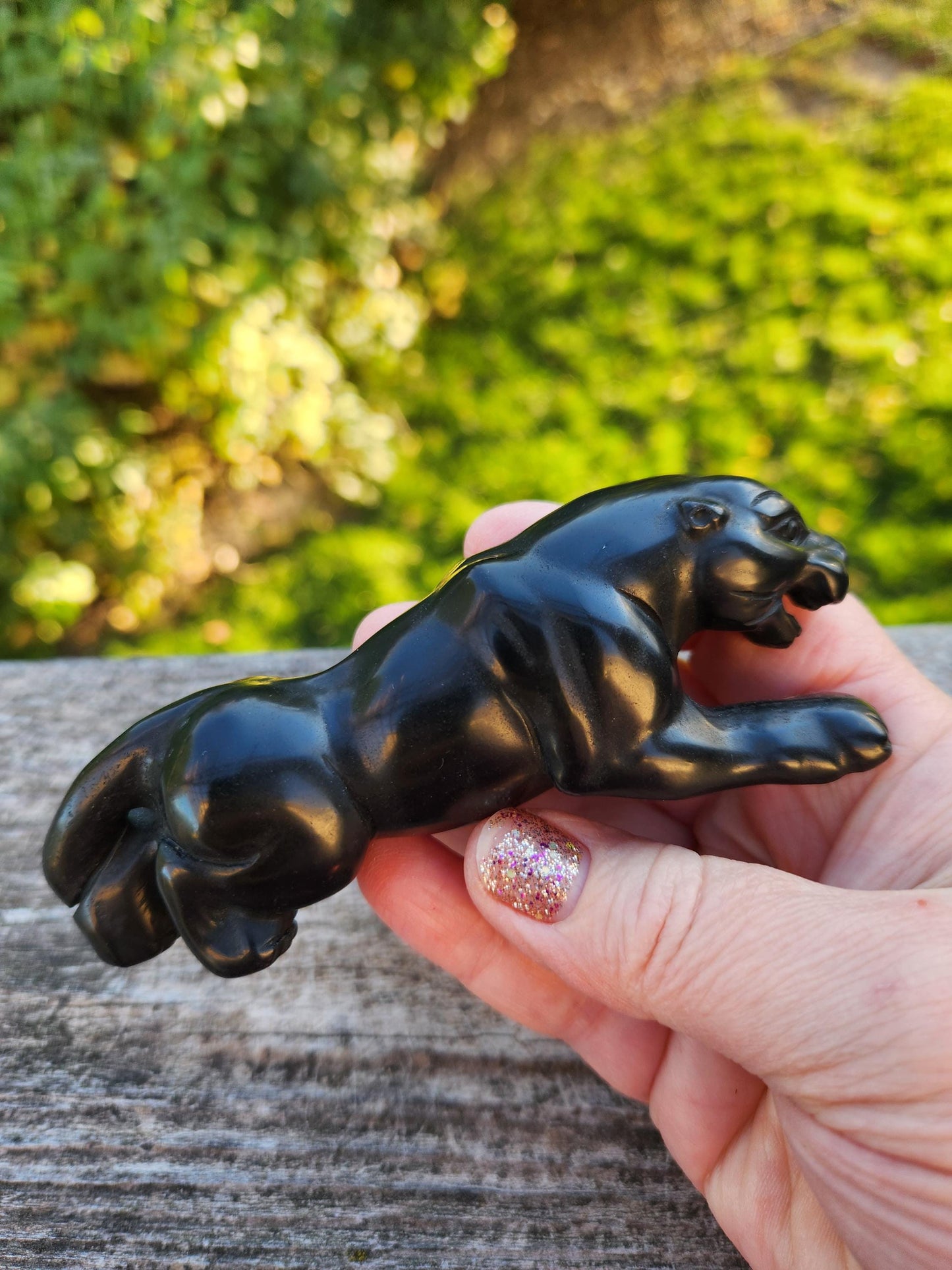 Jaguar Carved Black Obsidian Natural Stone Crystal, Big Cat