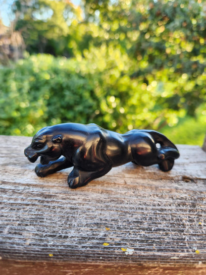 Jaguar Carved Black Obsidian Natural Stone Crystal, Big Cat