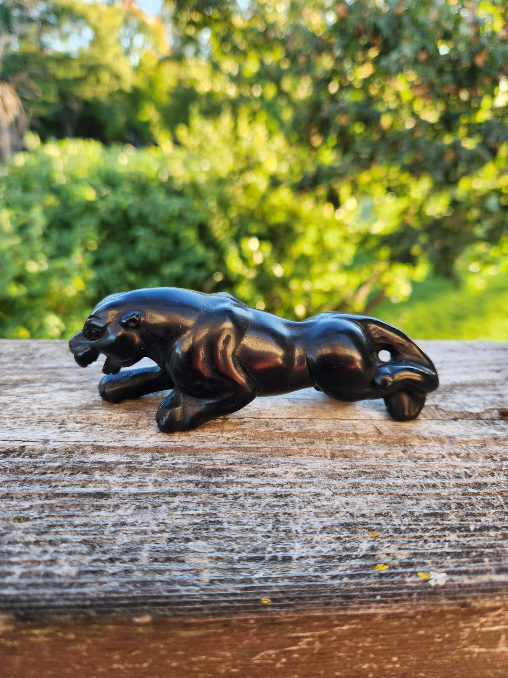 Jaguar Carved Black Obsidian Natural Stone Crystal, Big Cat