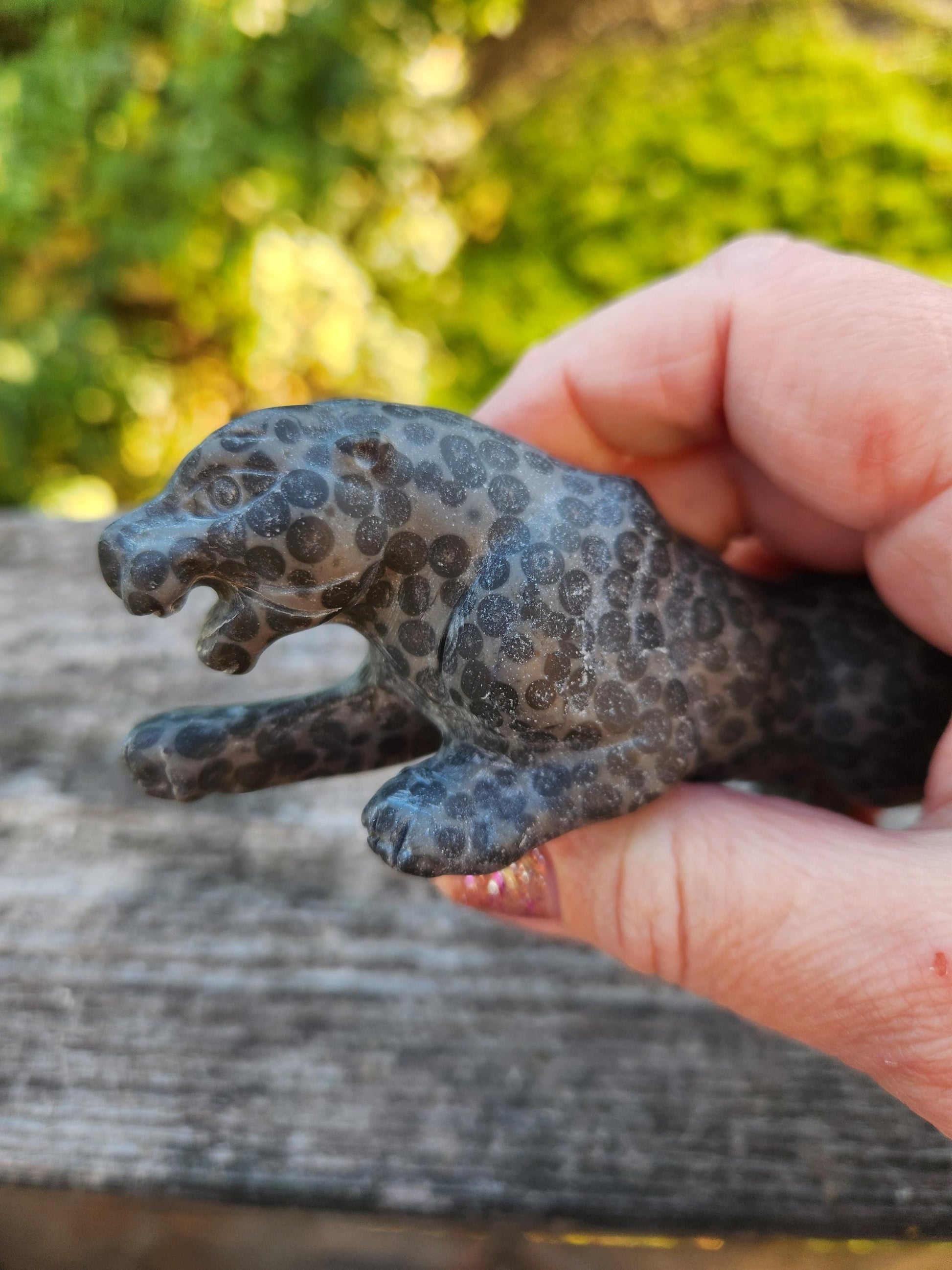 Jaguar Carved Black Spotted Stone Natural Stone Crystal, Big Cat