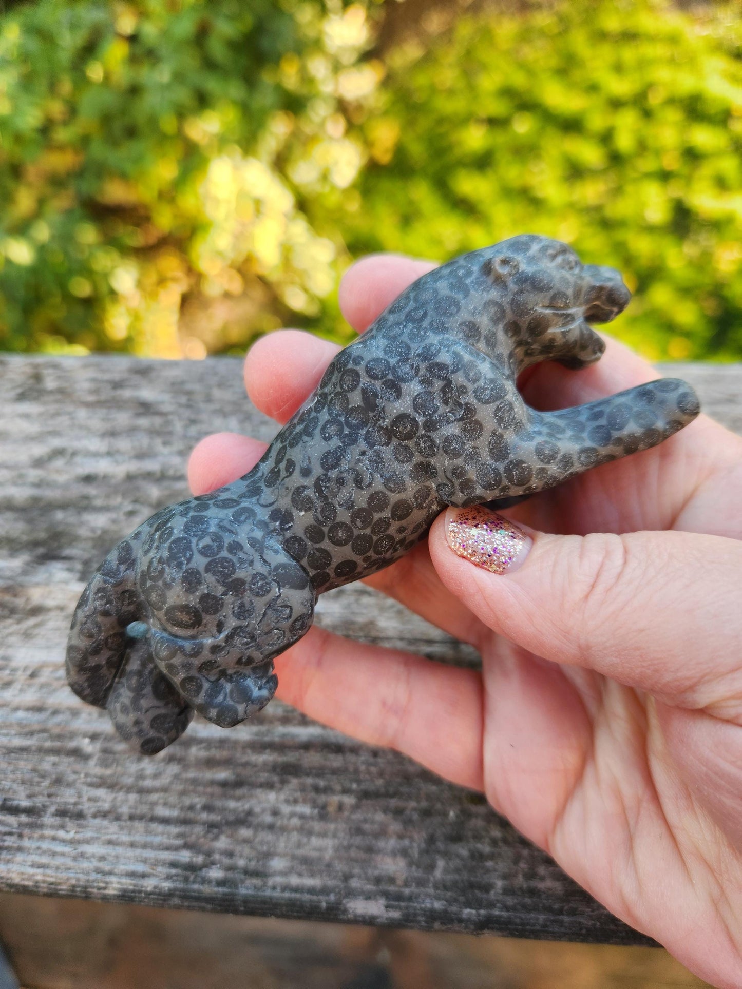 Jaguar Carved Black Spotted Stone Natural Stone Crystal, Big Cat
