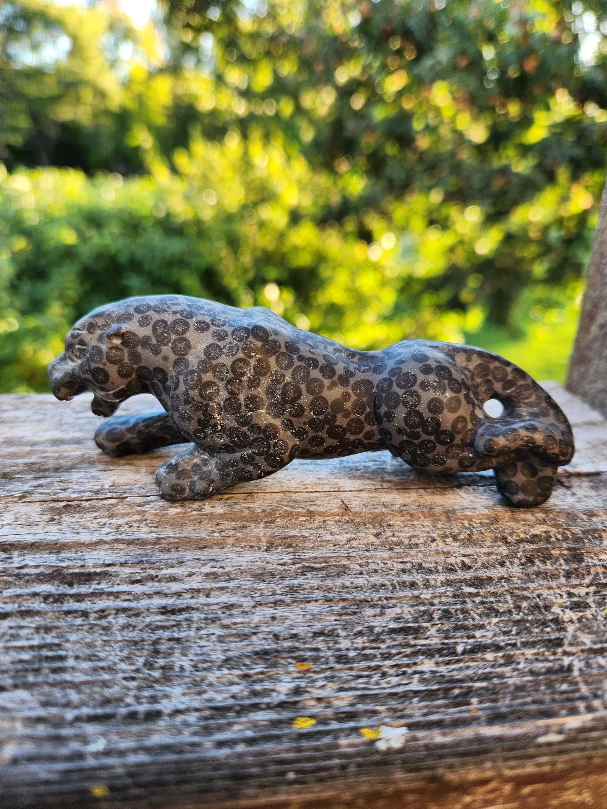 Jaguar Carved Black Spotted Stone Natural Stone Crystal, Big Cat