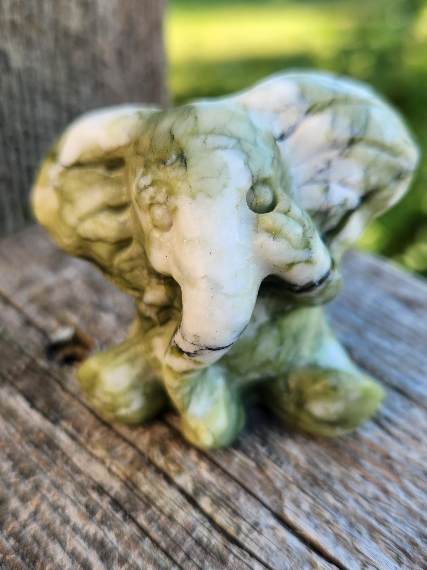 Green & White Carved Jade Elephant Crystal Stone