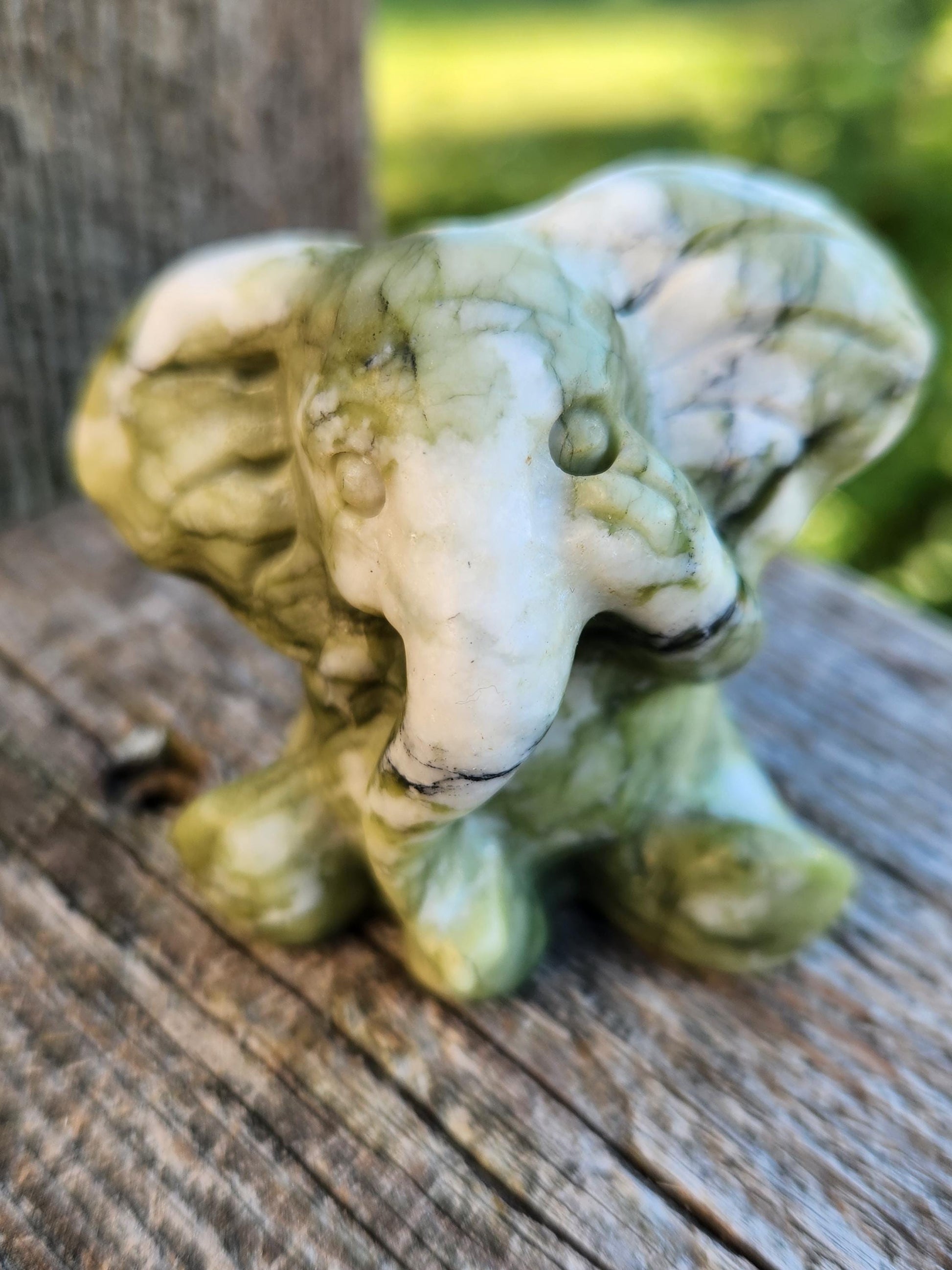 Green & White Carved Jade Elephant Crystal Stone