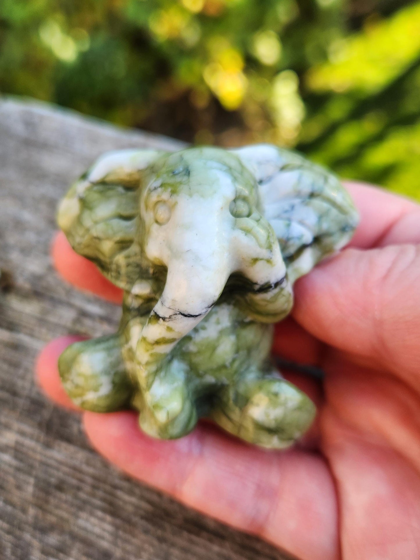 Green & White Carved Jade Elephant Crystal Stone