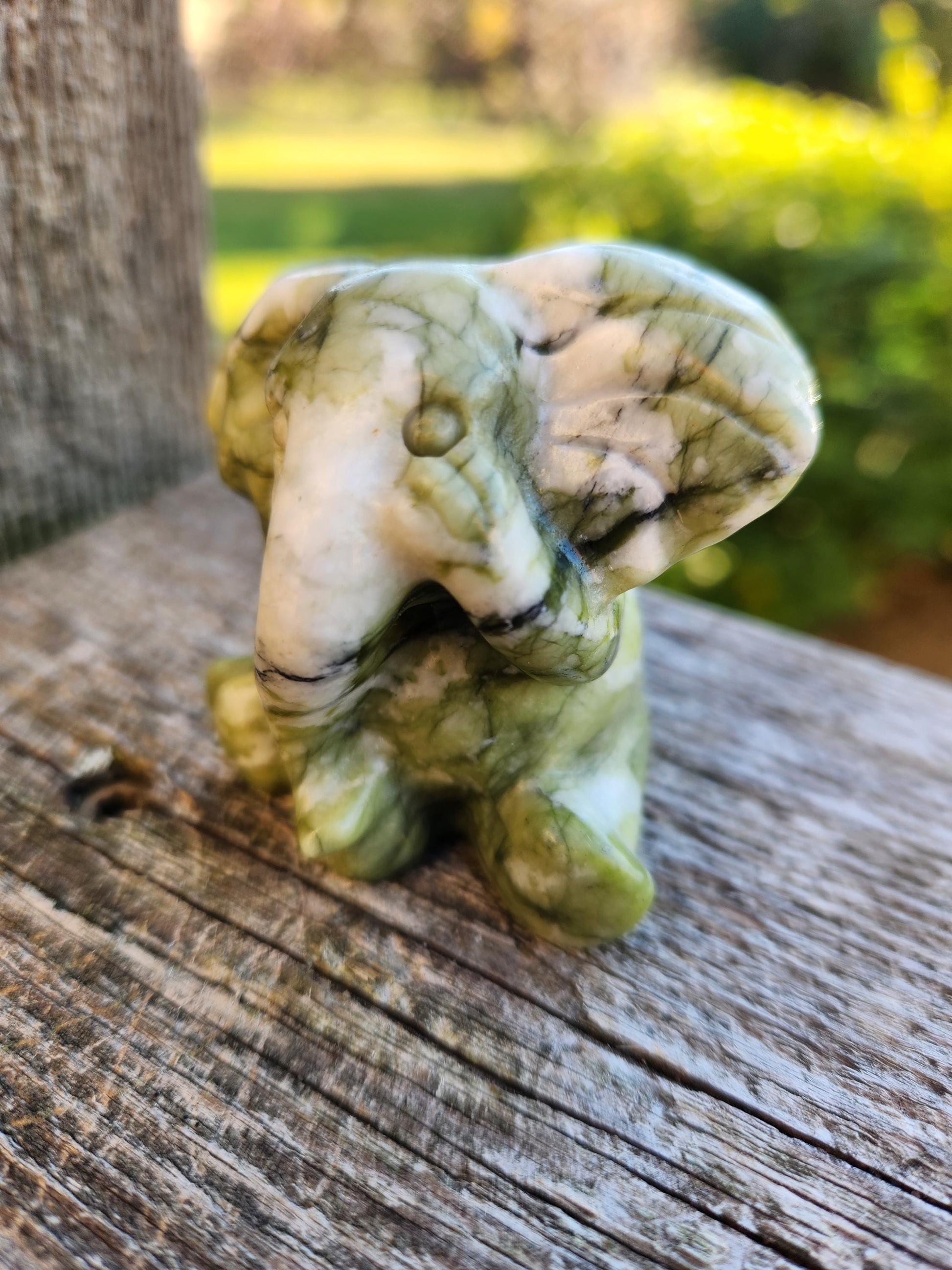 Green & White Carved Jade Elephant Crystal Stone