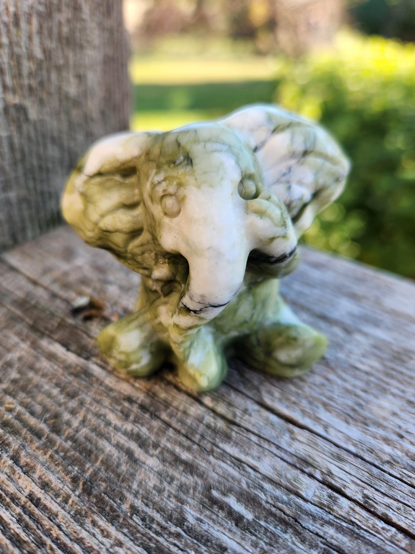 Green & White Carved Jade Elephant Crystal Stone