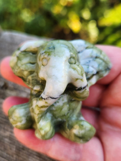 Green & White Carved Jade Elephant Crystal Stone