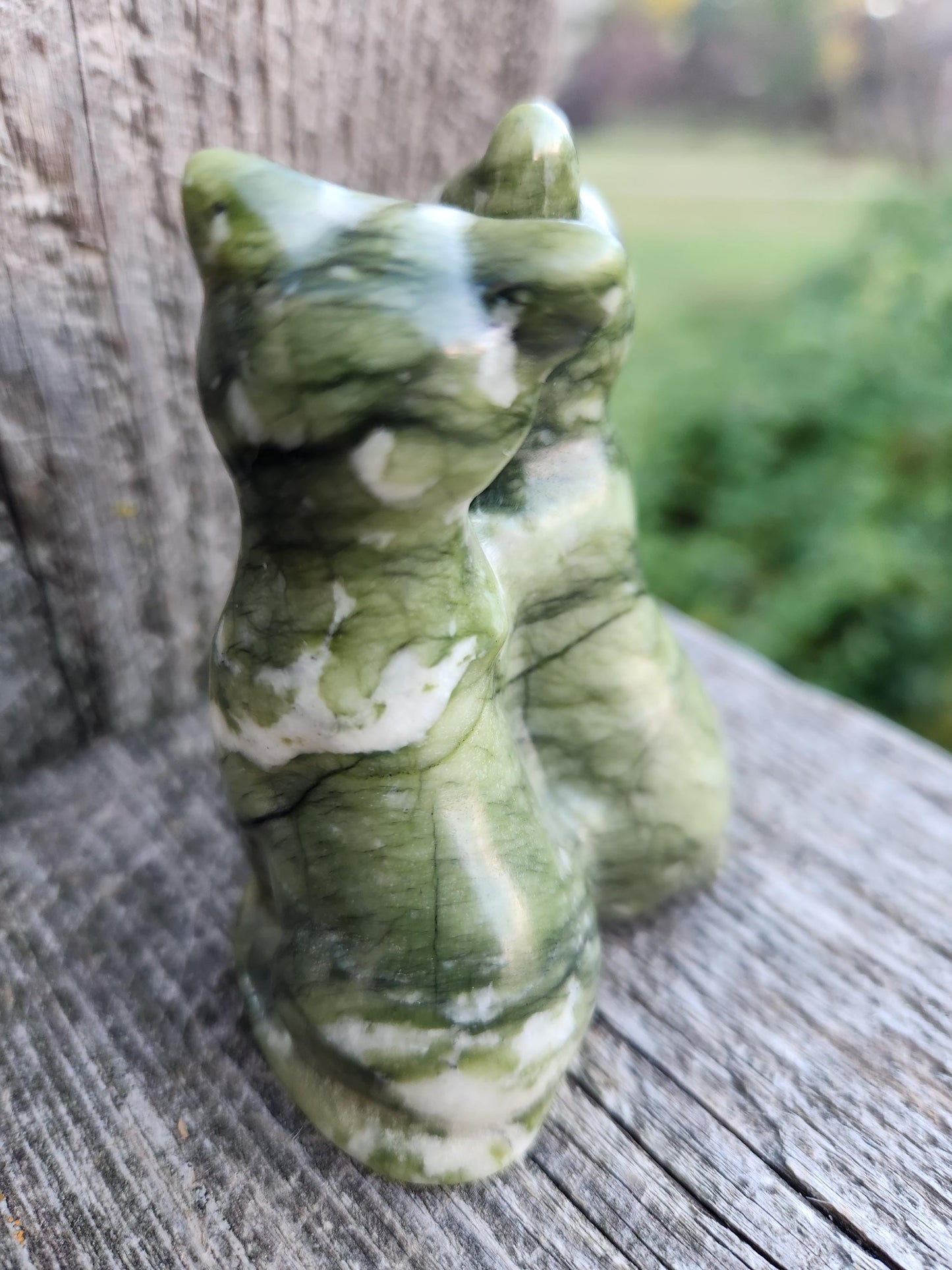 Green & White Carved Jade Cats Crystal Stone