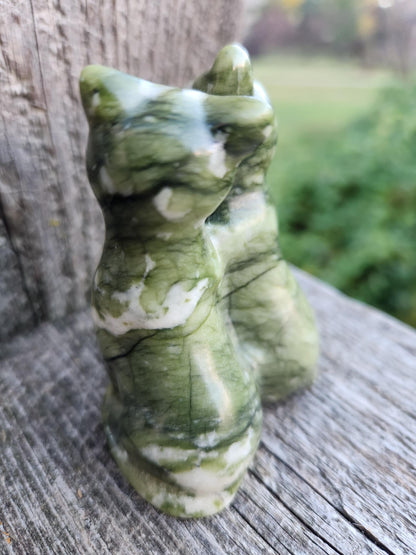 Green & White Carved Jade Cats Crystal Stone
