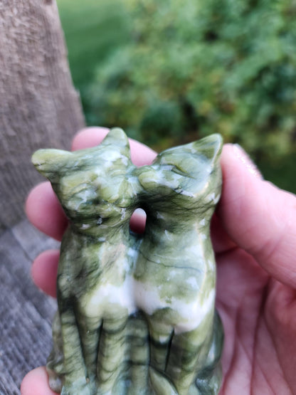 Green & White Carved Jade Cats Crystal Stone