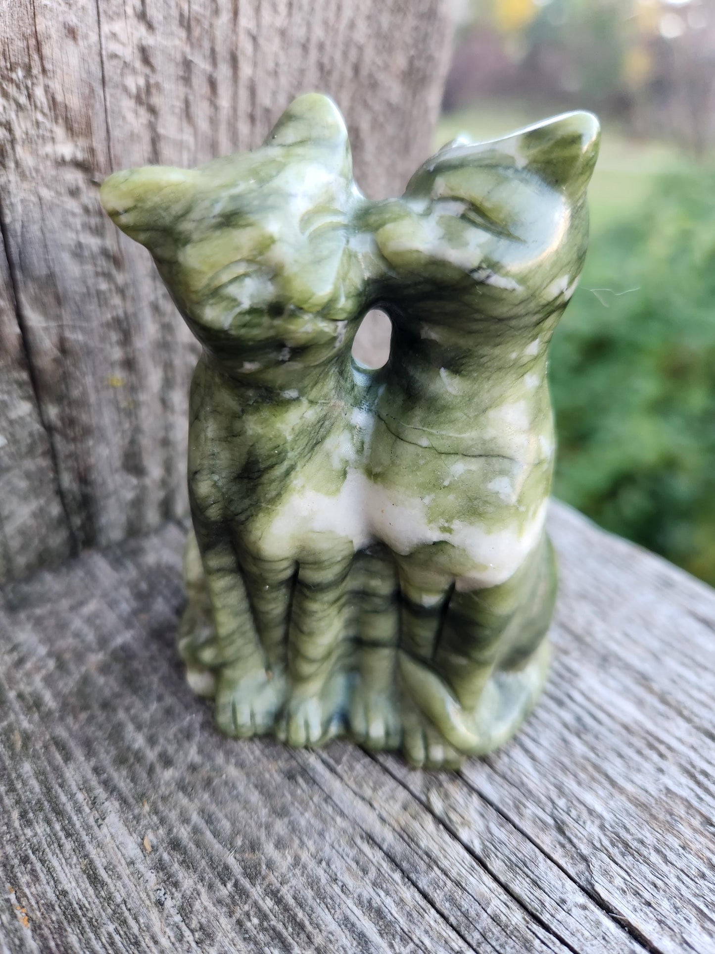 Green & White Carved Jade Cats Crystal Stone