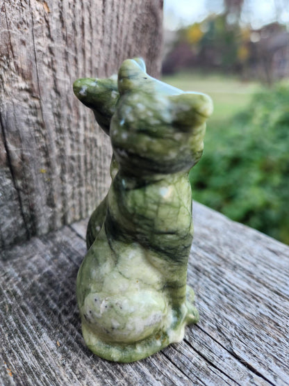 Green & White Carved Jade Cats Crystal Stone