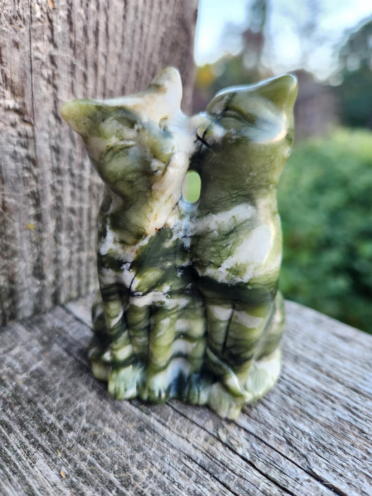 Green & White Carved Jade Two Cats Crystal Stone