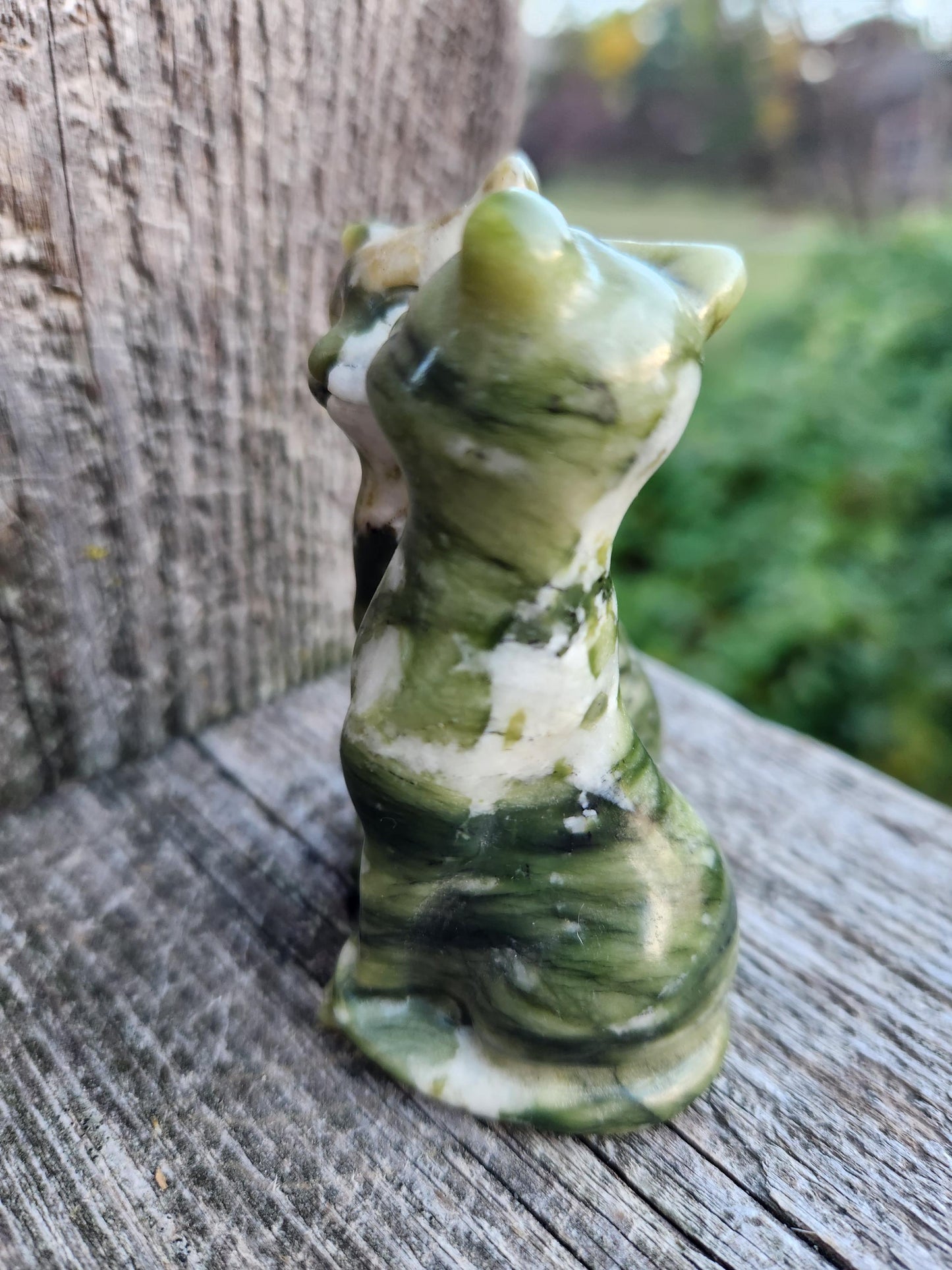Green & White Carved Jade Two Cats Crystal Stone