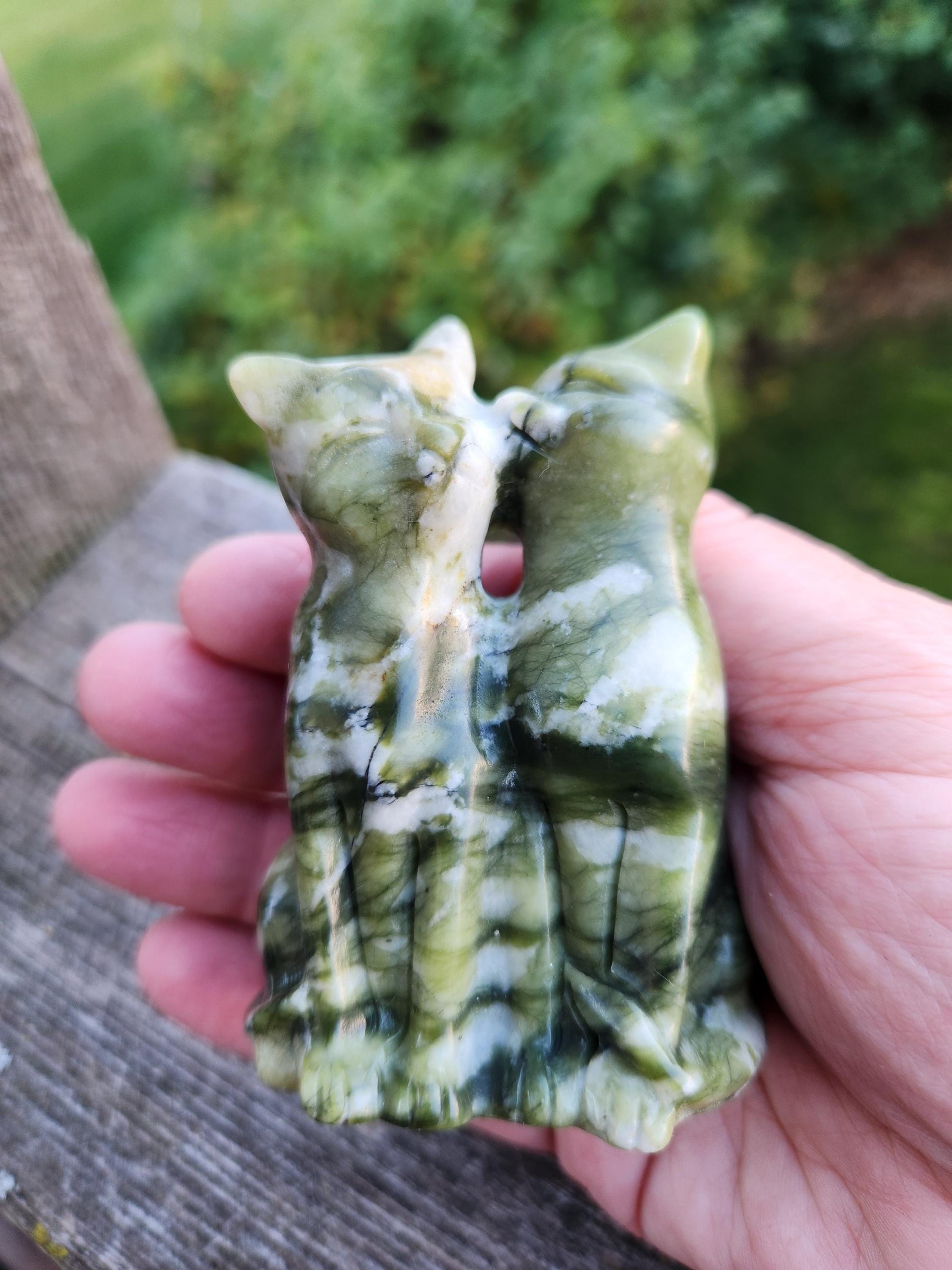 Green & White Carved Jade Two Cats Crystal Stone