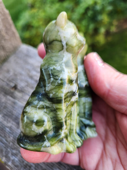 Green & White Carved Jade Two Cats Crystal Stone