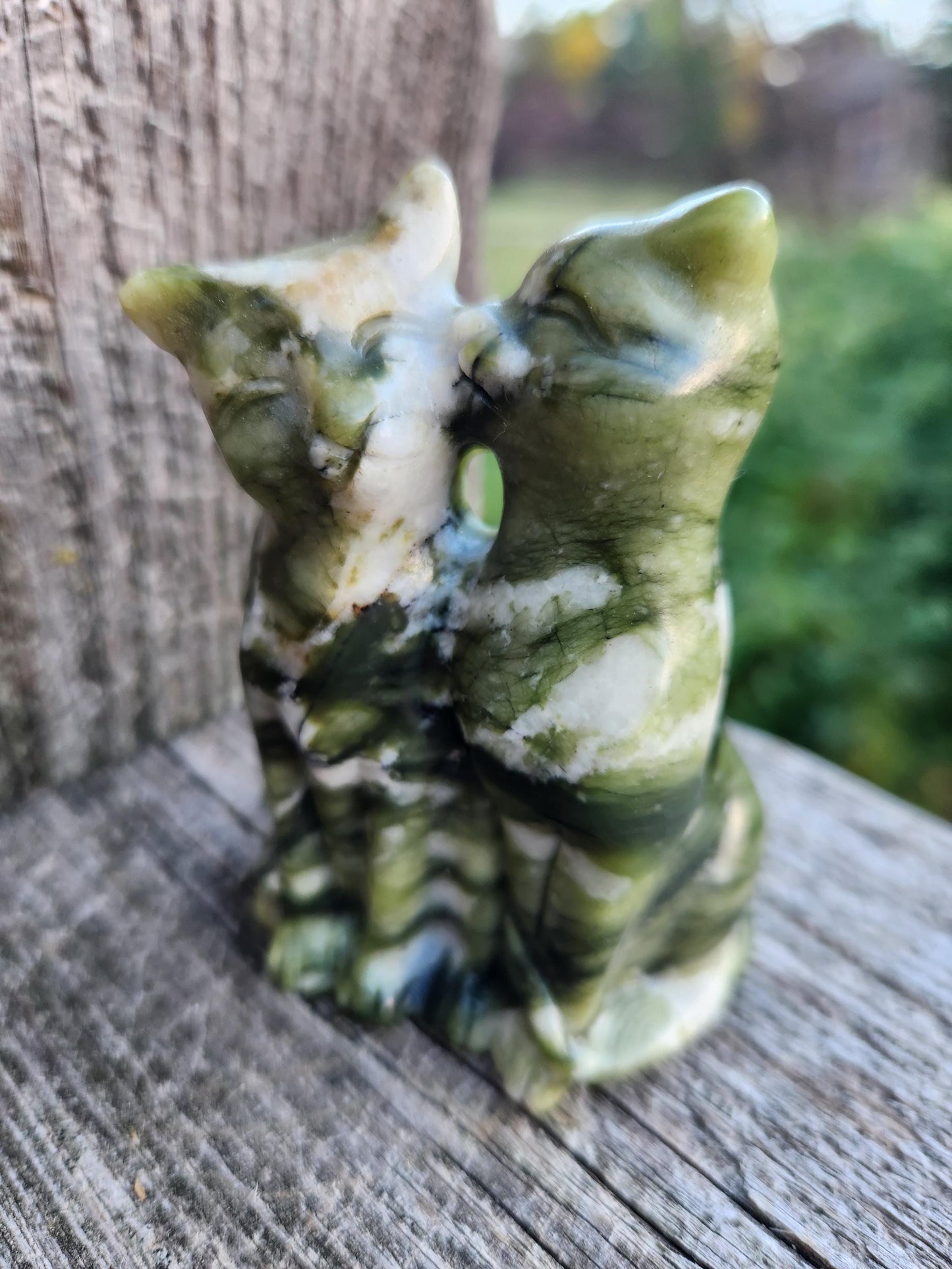 Green & White Carved Jade Two Cats Crystal Stone