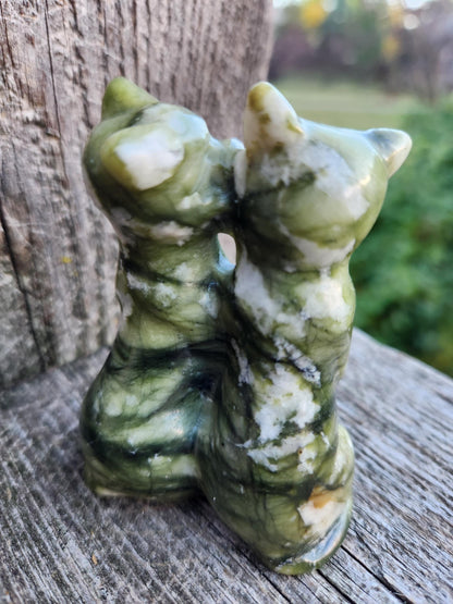 Green & White Carved Jade Two Cats Crystal Stone
