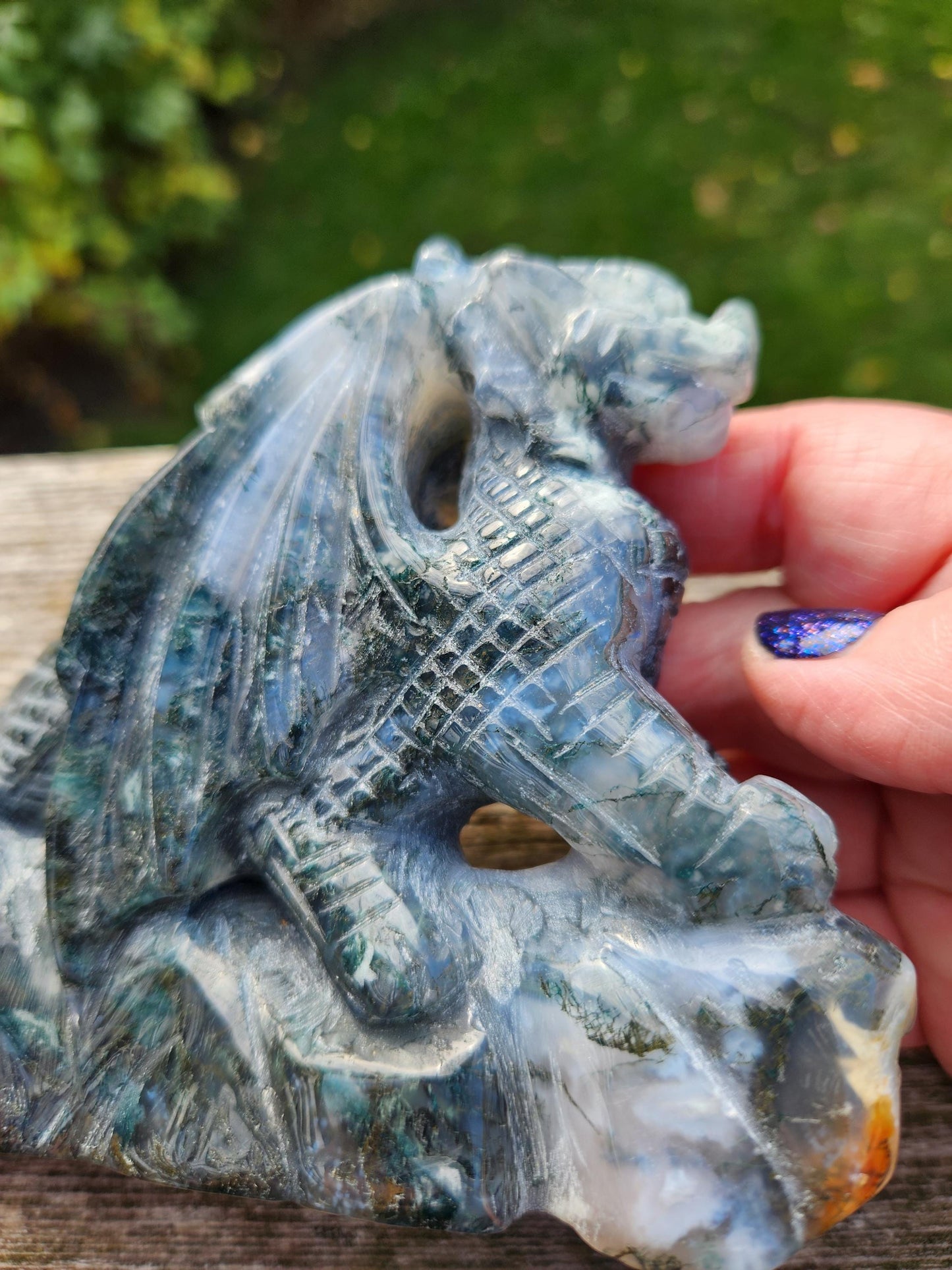 AAA Natural Moss Agate Crystal Carved Full Body Dragon, DND