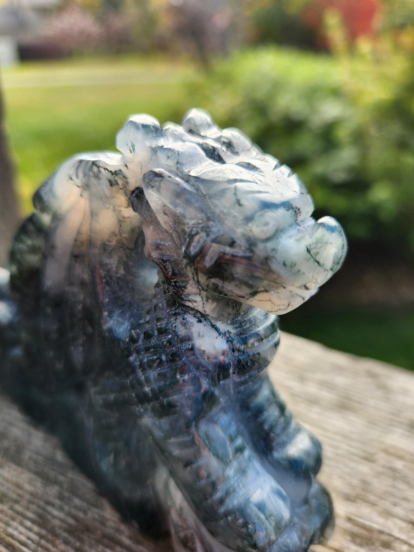 AAA Natural Moss Agate Crystal Carved Full Body Dragon, DND