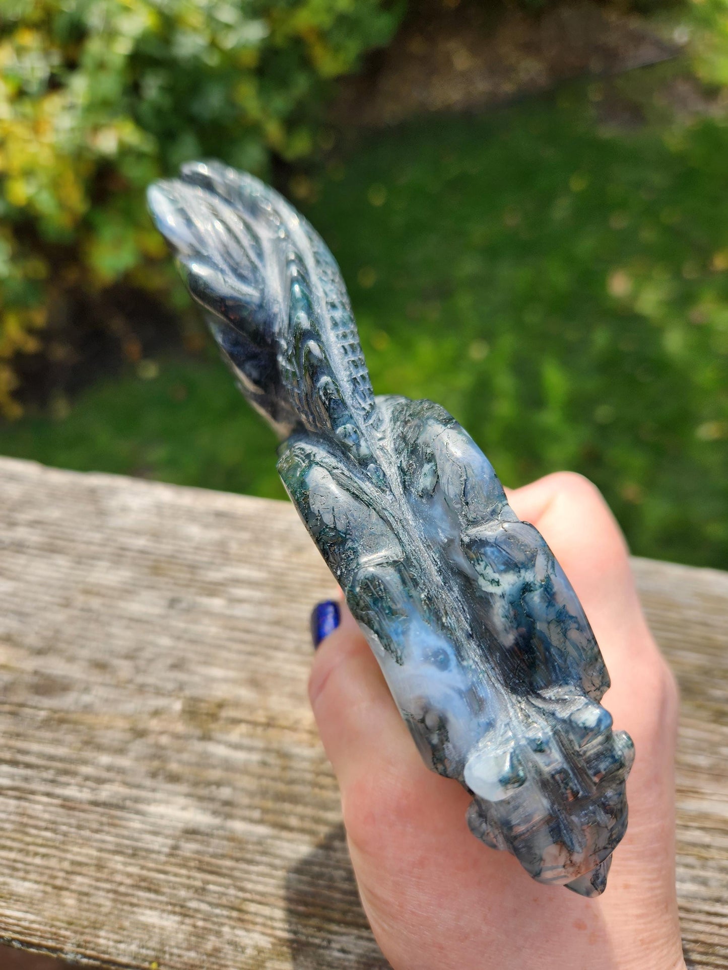 AAA Natural Moss Agate Crystal Carved Full Body Dragon, DND