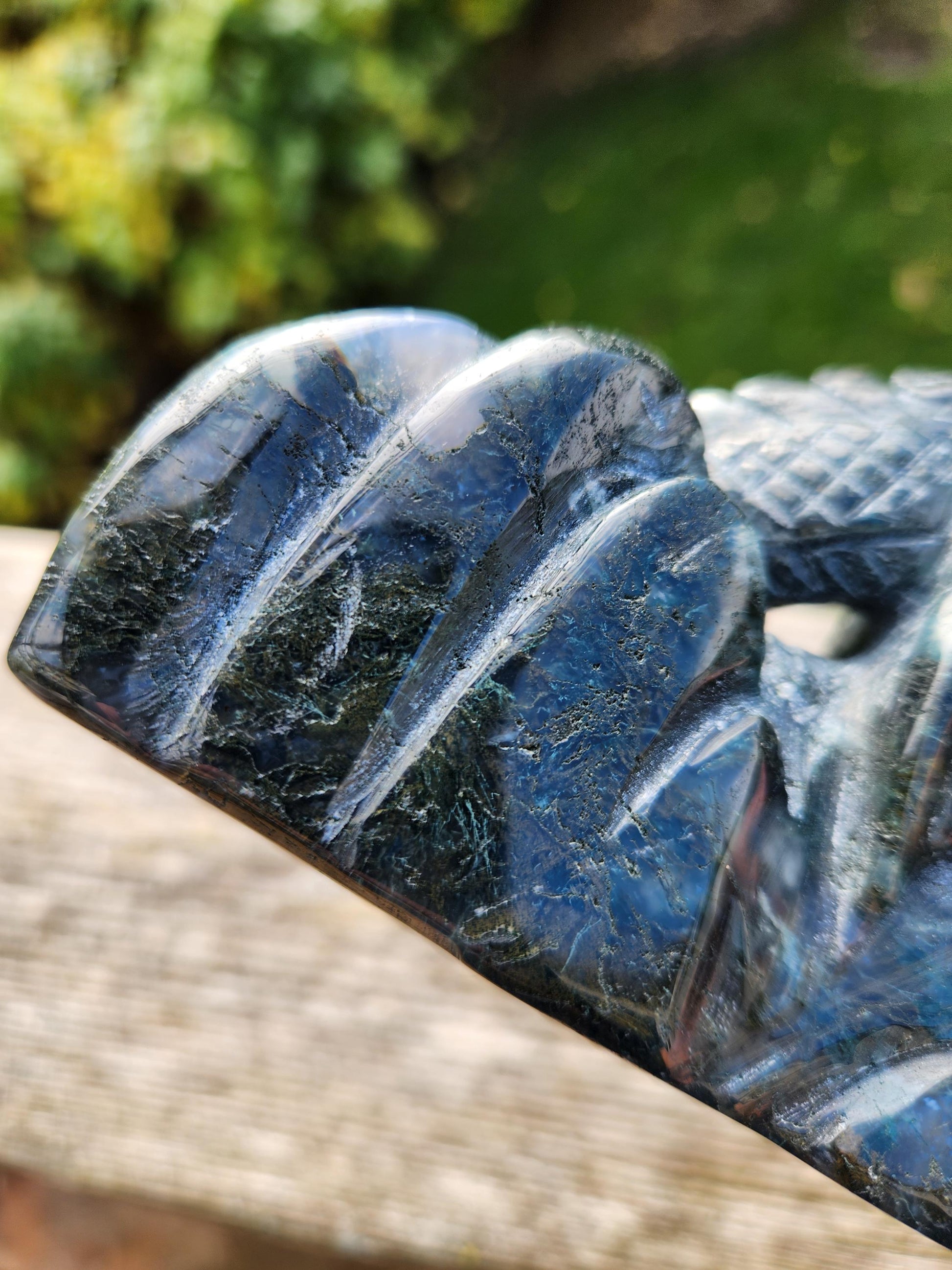 AAA Natural Moss Agate Crystal Carved Full Body Dragon, DND