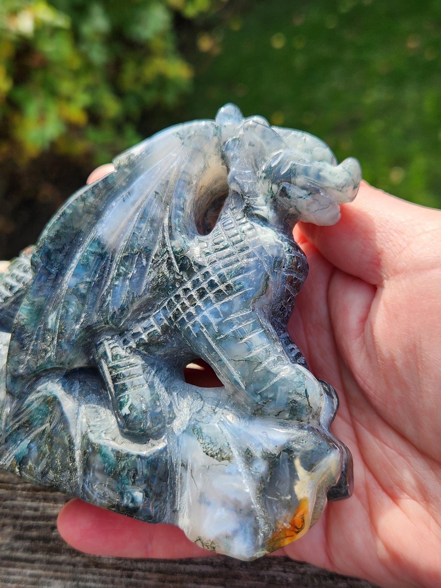 AAA Natural Moss Agate Crystal Carved Full Body Dragon, DND